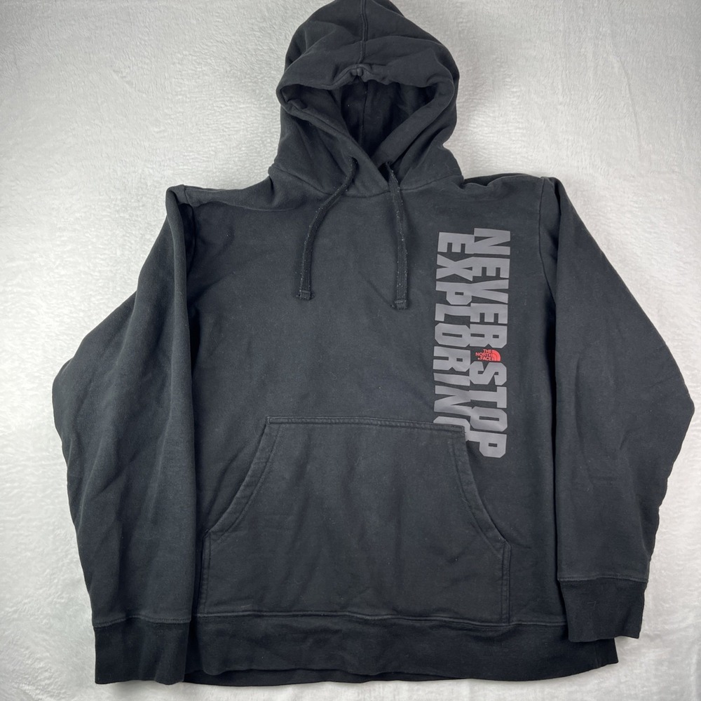 The North Face Never Stop Exploring Hoodie Mens XL Black Fleece Lined Spellout